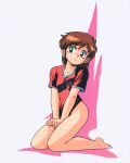  1980s_(style) 1girl asari_yoshitoo barefoot bottomless brown_hair chotto_ecchi_na_fukubukuro clothes_writing cover cover_page full_body green_eyes heart highres kneeling official_art red_shirt retro_artstyle shirt shirt_tug short_hair short_sleeves solo v_arms white_background 