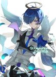  1boy absurdres arknights artist_name belt bird bird_on_hand black_pants blue_eyes blue_gloves blue_hair chinese_commentary closed_mouth commentary_request dove fake_halo gloves hair_over_one_eye halo hand_up highres holding holding_sword holding_weapon jacket long_sleeves looking_at_viewer male_focus official_alternate_costume pants persona persona_3 shirt short_hair simple_background solo sword weapon white_background white_belt white_jacket white_shirt xuanarno yuuki_makoto_(in_witness_of_glory)_(persona_3) yuuki_makoto_(persona_3) 