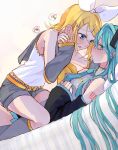  2girls aqua_eyes aqua_hair aqua_nails aqua_necktie aqua_trim belt black_sleeves blonde_hair blue_eyes blush bow breasts commentary detached_sleeves eye_contact fang grey_leg_warmers grey_sailor_collar grey_shirt grey_shorts grey_sleeves hair_bow hair_ornament hairclip hatsune_miku highres kagamine_rin leg_warmers long_hair looking_at_another lying medium_breasts mimi_mine multiple_girls neckerchief necktie number_tattoo on_back open_mouth parallel_hairclips sailor_collar shirt short_hair shorts sleeveless sleeveless_shirt tattoo twintails untranslatable_commentary very_long_hair vocaloid white_bow white_shirt yellow_belt yellow_nails yellow_neckerchief yellow_trim yuri 