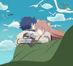  1boy 1girl animal_ear_fluff animal_ears armor artist_name bird black_hair black_shirt blue_sky blunt_bangs brown_armor brown_hair cloak closed_eyes cloud cloudy_sky commentary couple day derivative_work dress english_commentary floating_hair fur_trim gauntlets green_cloak grey_armor hetero hug iwatani_naofumi leather_armor long_hair long_sleeves malockser messy_hair metal_arm_cuffs metal_wrist_cuffs outdoors pinstripe_dress pinstripe_pattern raccoon_ears raccoon_girl raphtalia seagull shirt short_hair signature sky smile split_mouth straight_hair tanuki tate_no_yuusha_no_nariagari two-tone_armor upper_body watermark white_dress white_fur 