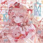  1girl aegyo_sal animal_ear_hairband animal_ears bad_link bare_shoulders bear_ear_hairband bear_ears blonde_hair blue_ribbon bow bow_earrings bowtie braid breasts brown_bow brown_bowtie brown_choker brown_eyes choker cleavage clothes_writing commission cracker detached_sleeves earrings eyelashes fake_animal_ears food food-themed_hair_ornament frilled_sleeves frills fur_hairband hair_bow hair_ornament hair_ribbon hairband hairclip heart heart_earrings heart_hair_ornament holding holding_food holding_stuffed_toy indoors jewelry lipstick long_hair looking_to_the_side makeup neck_ribbon open_mouth orange_sleeves original painting_(object) parallel_hairclips parfait plaid_bow red_bow red_lips ribbon sample_watermark shatang_xiuxiu shirt side_braids small_breasts smile solo source_request star_(symbol) strapless strapless_shirt stuffed_animal stuffed_toy tareme teddy_bear teeth third-party_source too_many_watermarks twin_braids upper_teeth_only very_long_hair watermark watermark_grid weibo_watermark white_hairband white_shirt wide_sleeves 