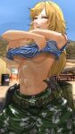  1girl abs ammunition_pouch blonde_hair breasts camouflage camouflage_pants character_request clothes_lift commentary english_commentary escape_from_tarkov highres holster holstered honganhefg long_hair looking_at_viewer magazine_(weapon) navel open_mouth pants patch pink_eyes pouch scar scar_on_shoulder shirt shirt_lift solo striped_clothes striped_shirt sweat sweatdrop teeth telnyashka underboob undressing unit_patch upper_teeth_only very_long_hair 