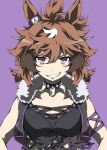  absurdres ahoge animal_ears brown_hair collarbone commentary_request cropped cropped_jacket evil_grin evil_smile fluffy_hair fur_trim grin hands_on_own_hips highres horse_ears jewelry medium_hair multicolored_hair necklace purple_background purple_eyes shinko_windy_(umamusume) shinko_windy_(wicked_punk)_(umamusume) simple_background smile smug streaked_hair tooth_necklace torn_clothes umamusume upper_body white_streaks zukki_(bijitaru) 