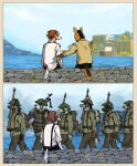 2026 anthro armor backpack bulldog canid canine canis clothed clothed_anthro clothed_male clothing comic digital_media_(artwork) domestic_dog duo ganii group gun hand_on_arm headgear helmet hi_res holding_gun holding_object holding_ranged_weapon holding_weapon hunting_dog hyena male mammal maned_wolf marching mastiff military military_uniform molosser ranged_weapon rear_view sea sitting soldier stone_wall tail terrier uniform wall_(structure) warrior water weapon