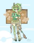  apron arm_warmers artist_name asymmetrical_legwear bow brown_bow brown_eyes bulbasaur character_request closed_mouth commentary copyright_request crescent crescent_hair_ornament dress english_commentary eyelashes fangs green_apron green_arm_warmers green_dress green_hair green_hat green_shoes hair_intakes hair_ornament hat heart heart_hair_ornament highres holding holding_pokemon horns mismatched_legwear momomochiaf nontraditional_poke_ball nostrils poke_ball poke_ball_symbol pokemon pokemon_(creature) shoes short_hair single_arm_warmer single_horn smile split_mouth star_(symbol) star_hair_ornament visor_cap waist_poke_ball window_(computing) winged_shoes 