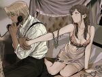  1boy 1girl ace_attorney alternate_breast_size_(larger) alternate_costume alternate_hairstyle amikoiiko apollo_justice:_ace_attorney babydoll bed blonde_hair blurry blurry_background blush breasts brocade brown_hair chain chain_necklace cleavage closed_mouth collarbone collared_shirt corded_phone cuffs dark-skinned_male dark_skin drill_hair ema_skye facing_to_the_side fingernails floral_print gyaruo hair_down handcuffs headboard highres holding holding_hands holding_phone initial jewelry klavier_gavin light_smile long_hair long_sleeves middle_ring mismatched_eyebrows necklace open_collar phone pink-tinted_eyewear pink_babydoll pink_wrist_cuffs popped_collar ring rose_print shirt side_drill sitting smile sunglasses suspenders talking_on_phone teeth thumb_ring tinted_eyewear unworn_eyewear white-framed_eyewear white_shirt wrist_cuffs yokozuwari 