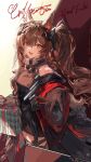  1girl :d absurdres angelina_(arknights) animal_ears arknights arknights:_endfield artist_name bare_shoulders black_dress box breasts brown_hair coat commentary_request copyright_name cowboy_shot dot_nose double-parted_bangs dress fox_ears fox_girl fox_tail gift gift_box gilberta_(arknights) hair_between_eyes hans_(xiaohongshu_26159580776) headgear high_collar highres holding holding_gift long_hair long_sleeves looking_at_viewer off_shoulder offering_hand open_clothes open_coat orange_eyes red_coat short_dress sleeveless sleeveless_dress small_breasts smile solo tail twintails 