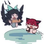  2girls ^_^ arm_cannon black_hair bow chibi chibi_only closed_eyes fang full_body green_bow hair_bow highres kaenbyou_rin long_hair motion_blur multiple_girls onsen open_mouth prmkq red_hair reiuji_utsuho short_hair simple_background touhou weapon white_background 