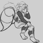 1:1 anthro aries_halperin_(templar_ponyboy) armor body_armor eeveelution generation_2_pokemon hair head_on_hand hi_res long_hair looking_at_viewer male markings monochrome nintendo pokemon pokemon_(species) ponytail ring_(marking) ringed_tail scarf sitting sketch solo striped_markings striped_tail stripes tail tail_markings templar_ponyboy umbreon