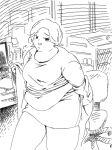  1girl aruru_(rnruru) averting_eyes belly big_belly black_eyes blush breasts chair commentary_request cowboy_shot desk double_chin fat fax_machine forehead greyscale hand_up highres long_sleeves looking_to_the_side monitor monochrome muffin_top navel office office_chair office_lady open_mouth original parted_bangs pencil_skirt raised_inner_eyebrows shirt short_hair skirt smile solo standing swivel_chair t-shirt thick_thighs thighs undressing wavy_hair window_blinds 