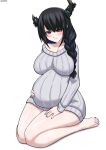  1girl alternate_costume asymmetrical_horns black_dress black_hair black_horns black_nails blue_hair braid breasts colored_inner_hair demon_horns dress highres hololive hololive_english horns large_breasts long_hair multicolored_hair nerissa_ravencroft pregnant red_eyes shadowfix single_braid smile solo sweater uneven_horns virtual_youtuber white_sweater 