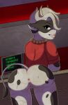 2022 2_horns anthro anus arm_support artist_name bangs beaded_jewelry beaded_necklace beads bent_arm biped black_eyelids black_eyes black_tail_tuft bodily_fluids bottomless bottomless_anthro bottomless_female bovid bovine butt cash_register cattle ceiling clothed clothed_anthro clothed_female clothing colored digital_drawing_(artwork) digital_media_(artwork) english_description english_text eyelashes female female_anthro fur genital_fluids genitals grey_hair hair happy's_humble_(series) happy's_humble_burger_farm happy_the_humble_heifer hi_res holstein_friesian_cattle horn humanoid_genitalia humanoid_vulva inside jewelry jseph leaning leaning_forward leaning_on_elbow lidded_eyes light lighting lips looking_back mammal mismatched_genitalia mismatched_humanoid_vulva mismatched_vulva multicolored_body multicolored_fur necklace outline pink_anus pink_lips presenting presenting_hindquarters red_clothing red_shirt red_topwear red_wall restaurant shaded shirt short_hair short_horn small_horn smile solo standing tail tail_tuft tan_horn teeth text toothy_smile topwear tuft two_tone_body two_tone_fur vaginal_fluids vulva wall_(structure) white_body white_fur white_inner_ear white_outline white_sclera white_tail white_vulva