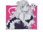  1girl angry blunt_bangs braid breasts cleavage commentary_request crossed_arms dated dress ghost greyscale_with_colored_background hair_bun half_updo long_hair looking_to_the_side one_piece perona pink_background pout simple_background tongue tongue_out wakao_(wakaogm) 