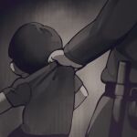  2boys baton_(weapon) blurry commentary depth_of_field doraemon dragging from_behind grey_background greyscale highres jacket jun_(navigavi) long_sleeves male_focus monochrome multiple_boys nobi_nobita pants police police_uniform shirt short_hair short_sleeves shorts solo_focus untranslatable_commentary upper_body very_short_hair weapon 