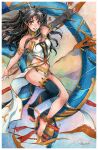  1girl armlet asymmetrical_sleeves black_hair commentary commission detached_sleeves earrings english_commentary fate/grand_order fate_(series) full-body_tattoo highres hoop_earrings ishtar_(fate) jewelry long_hair looking_at_viewer parted_lips red_eyes sao_(saowee) signature single_detached_sleeve single_thighhigh smile solo stirrup_legwear tattoo thighhighs toeless_legwear uneven_sleeves 