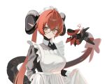  2girls anger_vein apron black_dress black_horns closed_mouth clothes_lift commentary_request cropped curled_horns dress dress_lift glasses goat_horns green_eyes hair_between_eyes hat highres horns long_hair long_sleeves looking_at_viewer magus_(zenless_zone_zero) maid maid_apron maid_headdress mechanical_horns mechanical_tail multiple_girls orange_hair orange_pupils orphie_magnusson pointy_ears puffy_sleeves qwer_v2 simple_background standing tail twintails upper_body white_apron white_background zenless_zone_zero 