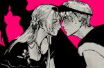  1boy 1girl adam's_apple amikoiiko casual_one-piece_swimsuit closed_mouth dimitri_alexandre_blaiddyd dimitri_alexandre_blaiddyd_(summer) edelgard_von_hresvelg edelgard_von_hresvelg_(summer) eye_contact fire_emblem fire_emblem:_three_houses fire_emblem_heroes flower frilled_one-piece_swimsuit frills from_side greyscale_with_colored_background hair_flower hair_ornament highres jewelry long_hair looking_at_another mismatched_eyebrows necklace off-shoulder_one-piece_swimsuit off_shoulder official_alternate_costume one-piece_swimsuit pink_background plumeria screentones shadow side_cape simple_background single-shoulder_one-piece_swimsuit star_(symbol) star_necklace sweat swimsuit visor_cap 
