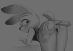  anthro anus bent_over bottomless butt clothed clothing disembodied_hand disney duo female genitals greyscale hi_res humanoid_hands judy_hopps lagomorph leporid looking_back mammal monochrome pussy qupostuv35 rabbit zootopia 