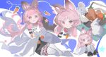  1girl :d animal animal_ear_fluff animal_ears arknights black_skirt cape carrot chibi chinese_commentary commentary_request fur-trimmed_skirt fur_trim gloves highres holding holding_animal holding_rabbit lizhi004717 long_hair looking_at_viewer multiple_views open_mouth orange_gloves pink_eyes pink_hair rabbit rabbit_ears rabbit_girl sitting skirt smile star_(symbol) thighhighs thumpy_(arknights) white_cape white_rabbit_(animal) white_thighhighs 