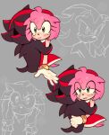  1boy 1girl amy_rose blush cookies114s dress eyelashes gloves green_eyes highres hug pink_hair shadow_the_hedgehog sonic_(series) tears 