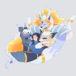  4boys armor bell black_fur black_hair blue_fur closed_eyes commentary cougar cougarmon digimon digimon_(creature) digimon_beatbreak earrings fangs furry furry_male grey_background habakirimon headpiece hug jacket jewelry jingle_bell long_hair long_pointy_ears looking_at_another male_focus multiple_boys murasamemon necklace pg_enaena pointy_ears purple_eyes red_eyes sawashiro_kyo shoulder_armor simple_background tail topless_male two-tone_fur untranslatable_commentary white_fur white_hair yellow_eyes 