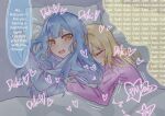  2girls bang_dream! bang_dream!_it's_mygo!!!!! blonde_hair blush boijfal closed_eyes commentary english_commentary english_text heart highres hug hug_from_behind long_hair long_sleeves misumi_uika multiple_girls open_mouth pajamas pillow shared_blanket spooning togawa_sakiko under_covers upper_body yellow_eyes yuri 