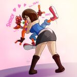 1:1 2026 activision anthro black_bottomwear black_clothing black_skirt blue_clothing blue_shirt blue_topwear bob_cut boots bottomwear brown_boots brown_clothing brown_footwear brown_gloves brown_hair brown_handwear brown_nose capcom carrying_another carrying_partner clothed clothed_female clothed_human clothing colored countershade_face countershade_torso countershading crash_bandicoot crash_bandicoot_(series) denim denim_bottomwear denim_clothing denim_shorts digital_drawing_(artwork) digital_media_(artwork) duo eyes_closed female footwear fur gloves green_eyes hair handwear head_tuft heart_eyes heart_symbol hi_res human human_on_anthro inner_ear_fluff interspecies jamearts jill_valentine kiss_mark_on_face kissing larger_human making_out male male/female mammal onomatopoeia orange_body orange_fur partially_clothed_anthro partially_clothed_male pink_background red_clothing red_footwear red_shoes red_sneakers resident_evil shaded shirt shoes shorts signature simple_background size_difference skirt smaller_anthro sneakers sound_effects text topwear tuft