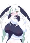  1girl absurdres antennae arthropod_girl black_sclera black_shirt black_tongue blush breasts colored_eyelashes colored_sclera colored_skin commentary english_commentary extra_arms green_eyes green_hair hair_over_one_eye highres indie_virtual_youtuber juniper_actias juniper_actias_(tomboy) large_breasts long_hair looking_at_viewer monster_girl moth_antennae moth_girl multicolored_hair neck_fur nipples open_mouth see-through_clothes see-through_shirt shirt solo streaked_hair virtual_youtuber vivi_co white_eyelashes white_fur white_hair white_skin 