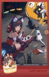  1boy 1girl :3 absurdres animal_ear_fluff animal_ears bare_shoulders billy_kid billy_kid_(starlight) black_hair black_thighhighs bridal_gauntlets cake cake_slice cat cat_ears cat_girl cat_tail chibi commentary dark-skinned_female dark_skin detached_sleeves eating facial_mark fish_(food) food forehead_mark hairband happy_birthday highres humanoid_robot long_hair looking_at_viewer multiple_tails nekomiya_mana official_art ponytail red_hair red_hairband robot robot_boy smile squatting tail thighhighs two_tails wallet white_hair yellow_eyes zenless_zone_zero 