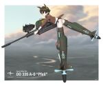  1girl absurdres animal_ears ass bird_ears bird_tail black_panties blurry blurry_background brown_eyes brown_hair brown_jacket cloud cloudy_sky flying gun highres holding holding_gun holding_weapon jacket looking_at_viewer no_pants nyaineko original panties river shirt short_hair sky striker_unit tail underwear weapon weapon_request white_shirt world_witches_series 