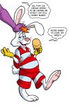 2026 absurd_res anthro armwear belly blue_eyes buckteeth clothing cotton_tail dialogue digital_media_(artwork) disney duo elbow_gloves english_text fattlestacks female food fur gloves hair handwear hi_res holding_food holding_ice_cream_cone holding_object human human_on_anthro ice_cream_cone interspecies jessica_rabbit lagomorph leporid long_ears male male/female mammal offscreen_character orange_hair overalls pattern_clothing paws plantigrade rabbit roger_rabbit ruffling_hair simple_background slightly_chubby smile speech_bubble striped_clothing stripes teeth text whiskers white_background white_body white_fur who_framed_roger_rabbit