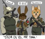 agent_hightower_(templar_ponyboy) ak-103 american_flag anthro ar_57 black_undergarments blonde_hair blood_type blue_eyes bottomwear brown_eyes brown_hair canid canine canis chinese_flag cjk_character clothing coyote domestic_rabbit electronics eye_patch eyewear facial_markings felid feline female fingerless_gloves flemish_giant gloves green_bottomwear green_clothing green_eyes green_pants green_shirt green_topwear gynomorph hair handwear head_markings heterochromia hi_res holster intersex kerchief lagomorph leporid looking_at_viewer maddison_jack_(templar_ponyboy) male mammal markings maxie_killkowski_ii_(templar_ponyboy) multicolored_hair open_mouth oryctolagus pants plate_carrier rabbit radio rolled_up_sleeves serval shemagh shirt sig_mpx sig_sauer smile smiling_at_viewer spots spotted_body sudanese_flag taurus_judge templar_ponyboy topwear trigger_discipline two_tone_hair united_states_of_america