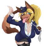  2021 5_fingers anthro big_breasts blonde_hair blue_eyes blush bottomwear breasts brown_body brown_fur canid canine canis cleavage clothed clothing domestic_dog eyelashes female fingers fur hair hi_res kemono mammal miniskirt multicolored_body multicolored_fur multicolored_tail police_hat police_uniform sharp_teeth simple_background skirt solo tan_body tan_fur teeth tongue tongue_out tuberosekotoki uniform white_background white_body white_fur 
