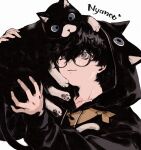  1boy :3 absurdres amamiya_ren animal animal_hood arms_up black-framed_eyewear black_hair black_hoodie blue_eyes cat closed_mouth drawstring eyelashes glasses grey_eyes hair_between_eyes heart highres holding holding_animal holding_cat hood hood_up hoodie looking_at_animal looking_up male_focus morgana_(cat)_(persona_5) morgana_(persona_5) multicolored_cat persona persona_5 saichuu_(more1208) short_hair simple_background smile solo tuxedo_cat upper_body wavy_hair white_background 