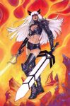  1girl absurdres armor black_boots black_lips boots breasts cleavage cleavage_cutout clothing_cutout colored_pencil_(medium) commentary cropped_shirt elbow_spikes english_commentary full_body highres holding holding_sword holding_weapon huge_weapon ink long_hair magik's_crown magik_(x-men) marker_(medium) marvel meghan_hetrick midriff pastel_(medium) pauldrons scan shirt shoulder_armor shoulder_spikes signature single_pauldron solo spiked_gauntlets spiked_pauldrons spikes superhero_costume sword traditional_media weapon white_hair x-men 
