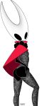 anthro arthropod beads black_body breasts butt cloak clothing digital_drawing_(artwork) digital_media_(artwork) female hi_res hollow_knight_(franchise) hornet_(hollow_knight) lace leg_markings leotard looking_at_viewer looking_back ltstry markings nipple_outline pinup pose prayer_beads rear_view red_cloak red_clothing rosary signature simple_background socks_(marking) solo team_cherry