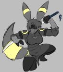 2b_dress ani_(templar_ponyboy) anthro blindfold boots breasts cleavage_cutout clothing crouching cutout dress eeveelution fingerless_armwear footwear fur generation_2_pokemon grey_background grey_body grey_fur grey_hair hair hi_res high_heeled_boots high_heels katana legwear markings melee_weapon nier_automata nintendo platinumgames pokemon pokemon_(species) ring_(marking) shoes short_hair simple_background smile striped_markings striped_tail stripes sword tail tail_markings templar_ponyboy thigh_boots thigh_highs umbreon weapon yin_yang yorha_2b