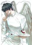  1boy absurdres alien_stage angel angel_wings apple archive_cmc black_eyes black_hair bug centipede clothing_cutout commentary fang finger_to_mouth food fruit halo highres hip_vent holding holding_plate ivan_(alien_stage) layered_shirt looking_to_the_side male_focus pants parted_lips plate shirt short_hair solo turtleneck turtleneck_shirt untranslatable_commentary very_short_hair white_apple white_pants white_shirt white_wings wings 