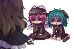 3girls animal_ears aqua_eyes aqua_hair bird_wings black_dress black_hat blurry blurry_foreground brown_eyes choujuu_gigaku commentary_request dog_ears dress hat hijiri_byakuren holding_unworn_eyewear kasodani_kyouko kneeling long_sleeves mob_cap multiple_girls mystia_lorelei no_pupils one-hour_drawing_challenge open_mouth pink_hair sunglasses sweat touhou unime_seaflower unworn_eyewear white_background wing_hat_ornament wings x_mouth 