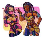  arm_armor black_hair braid breasts hand_on_own_hip heart high_ponytail long_hair mask mileena_(mortal_kombat) mortal_kombat_(series) mortal_kombat_1_(2023) mouth_mask pink_eyes ponytail tanya_(mortal_kombat) zxidart 