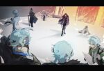  6+boys aged_down aged_up black_gloves black_hair blue_hair burning cane chinese_commentary commentary_request dottore_(genshin_impact) eye_mask genshin_impact glasses gloves hat highres holding holding_cane knees_up letterboxed long_sleeves male_focus mask multiple_boys pantalone_(genshin_impact) paper red_eyes time_paradox top_hat yk_arrowww 