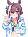  1girl anchor_hair_ornament animal_ears bikini blue_bikini blue_eyes blush braid breasts bright_pupils brown_hair cheval_grand_(summer_calm_navy_drop)_(umamusume) cheval_grand_(umamusume) closed_mouth commentary_request cup disposable_cup disposable_ice_cream_cup drawstring feeding_viewer food hair_between_eyes hair_ornament half_up_braid heart heart_necklace highres holding holding_cup holding_spoon hood hood_down hooded_jacket horse_ears horse_girl ice_cream jacket jewelry loska multicolored_hair necklace official_alternate_costume official_alternate_hairstyle open_clothes open_jacket pov short_hair short_hair_with_long_locks sidelocks simple_background single_hair_streak small_breasts spoon swimsuit twitter_username umamusume upper_body white_background white_jacket white_pupils 