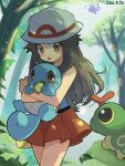  1girl berry_(pokemon) blue_shirt brown_eyes brown_hair bucket_hat bug butterfly butterfree caterpie commentary cowboy_shot dated day evolutionary_line forest hat highres holding holding_pokemon in-universe_location insect_wings kakuna leaf leaf_(pokemon) long_hair metapod much0099 nature nostrils outdoors plant pokemon pokemon_(creature) pokemon_firered_and_leafgreen porkpie_hat red_skirt shirt sitrus_berry skirt sleeveless sleeveless_shirt squirrel_tail squirtle tail tree turtle viridian_forest white_hat wings 