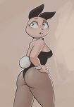  anthro big_butt breasts butt clothed clothing female hand_on_hip hi_res lagomorph leporid mammal qupostuv35 rabbit simple_background solo teeth 