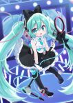  1girl absurdres aqua_eyes aqua_hair aqua_necktie black_boots black_bow black_skirt blush boots bow breasts collared_shirt commentary deformed english_commentary frilled_skirt frills full_body gloves hair_between_eyes hair_bow hatsune_miku highres holding holding_microphone_stand long_hair magical_mirai_(vocaloid) magical_mirai_miku magical_mirai_miku_(2016) medium_breasts microphone_stand necktie pantyhose roa_(roaru) shirt skirt solo thigh_boots tongue twintails very_long_hair vocaloid white_gloves white_pantyhose white_shirt 