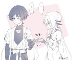  ... 1boy 1girl akasaki_aimu arm_at_side arm_cutout armor averting_eyes belt blunt_ends blush border bow breasts bridal_gauntlets closed_eyes clothing_cutout commentary_request couple covered_collarbone detached_sleeves dress embarrassed feather_hair_ornament feathers fingernails furisode gem genshin_impact gloves greyscale_with_colored_background hair_ornament hand_on_own_chest hand_up hetero holding_hands japanese_armor japanese_clothes kimono kote layered_sleeves light_blush looking_at_another looking_to_the_side lumine_(genshin_impact) mandarin_collar notice_lines open_clothes open_kimono parted_lips partially_fingerless_gloves pink_background pom_pom_(clothes) rope sash scaramouche_(genshin_impact) scarf short_hair short_hair_with_long_locks short_sleeves shorts shoulder_peek sidelocks small_breasts spoken_ellipsis sweatdrop tareme tsurime twitter_username vambraces vision_(genshin_impact) wanderer_(genshin_impact) white_border wispy_bangs wolf_cut 