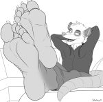  2021 5_toes anthro black_and_white bottomwear chest_tuft claws clothing denim denim_clothing didelphid fangs feet flat_colors foot_fetish foot_focus furniture greyscale hands_behind_head head_tuft hi_res hoodie humanoid_feet jeans jwolfsky looking_at_viewer male mammal marsupial monochrome on_sofa open_mouth ottoman pants reclining rhysio smile sofa soles solo toe_claws toes topwear tricolor tuft virginia_opossum 