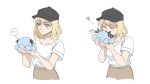  !? 1girl ? animal animalization bang_dream! bang_dream!_it's_mygo!!!!! black_hat black_ribbon blonde_hair blush chinese_commentary closed_eyes closed_mouth collarbone commentary_request hat holding holding_animal kiss kissing_animal medium_hair misumi_uika octopus peaked_cap pigeonfish4 purple_eyes ribbon short_sleeves simple_background spoken_question_mark togawa_sakiko white_background 