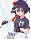  1girl animal_ears apron black_gloves black_hair black_shirt blue_eyes blush chopsticks closed_mouth commentary_request ear_covers food gloves hair_between_eyes hair_ornament highres holding holding_chopsticks horse_ears horse_girl katsuragi_ace_(umamusume) long_hair loska multicolored_hair noodle_strainer noodles ponytail ramen shirt short_sleeves smile solo strainer streaked_hair sweatdrop tassel tassel_hair_ornament umamusume white_apron white_hair 