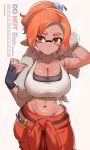  1girl anchor_hair_ornament arm_up armpit_crease artist_name black_gloves breasts cleavage collarbone commentary cowboy_shot english_commentary fingerless_gloves freckles gloves groin hair_ornament hand_up highres inkling inkling_girl inkling_player_character jinkoika jumpsuit jumpsuit_around_waist large_breasts looking_at_viewer mechanic_(splatoon_raiders) navel orange_eyes orange_hair orange_jumpsuit pointy_ears screwdriver shirt simple_background skindentation solo splatoon_(series) splatoon_raiders stomach sweat tank_top tentacle_hair thick_eyebrows tied_shirt towel towel_around_neck twitter_username white_background white_tank_top wiping_sweat wrench 
